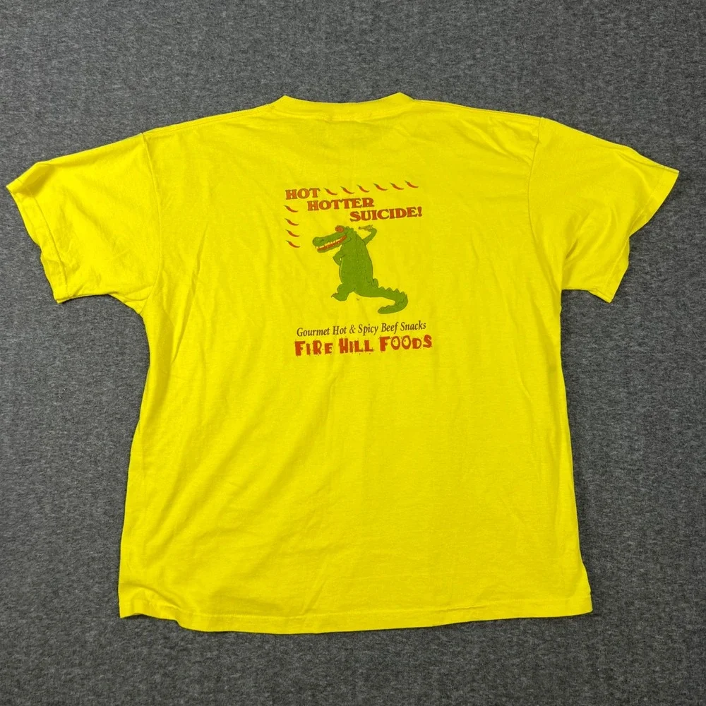 Vintage Fire Hill Foods Graphic T Shirt Men's Large Yellow Hot Spicy Beef Snacks